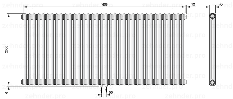 Схема (чертеж) Радиатор Zehnder Charleston 2200/36 №3470 Белый глянцевый RAL 9016